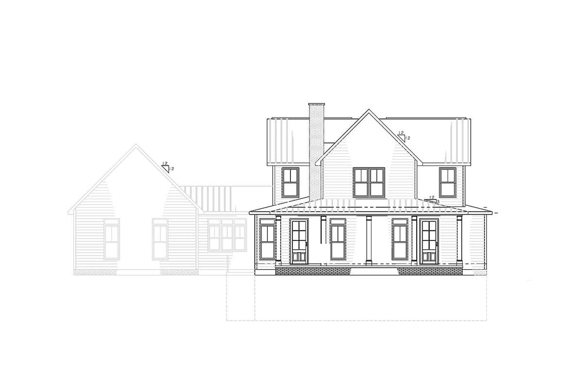 House plan exterior drawing of a two-story home with a metal roof, front porch, and prominent gabled dormer.
