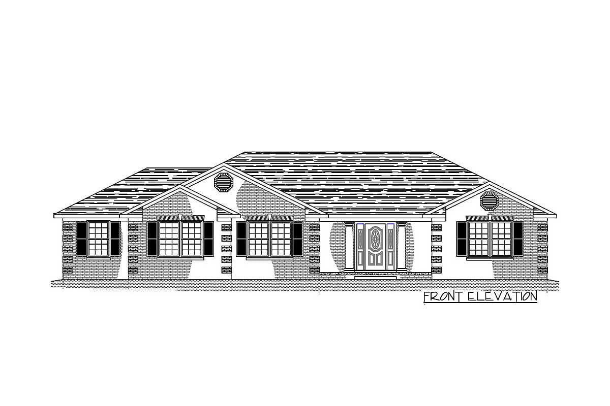 Front elevation house plan drawing of a one-story home with a prominent gable, multiple windows, and an offset front entrance.