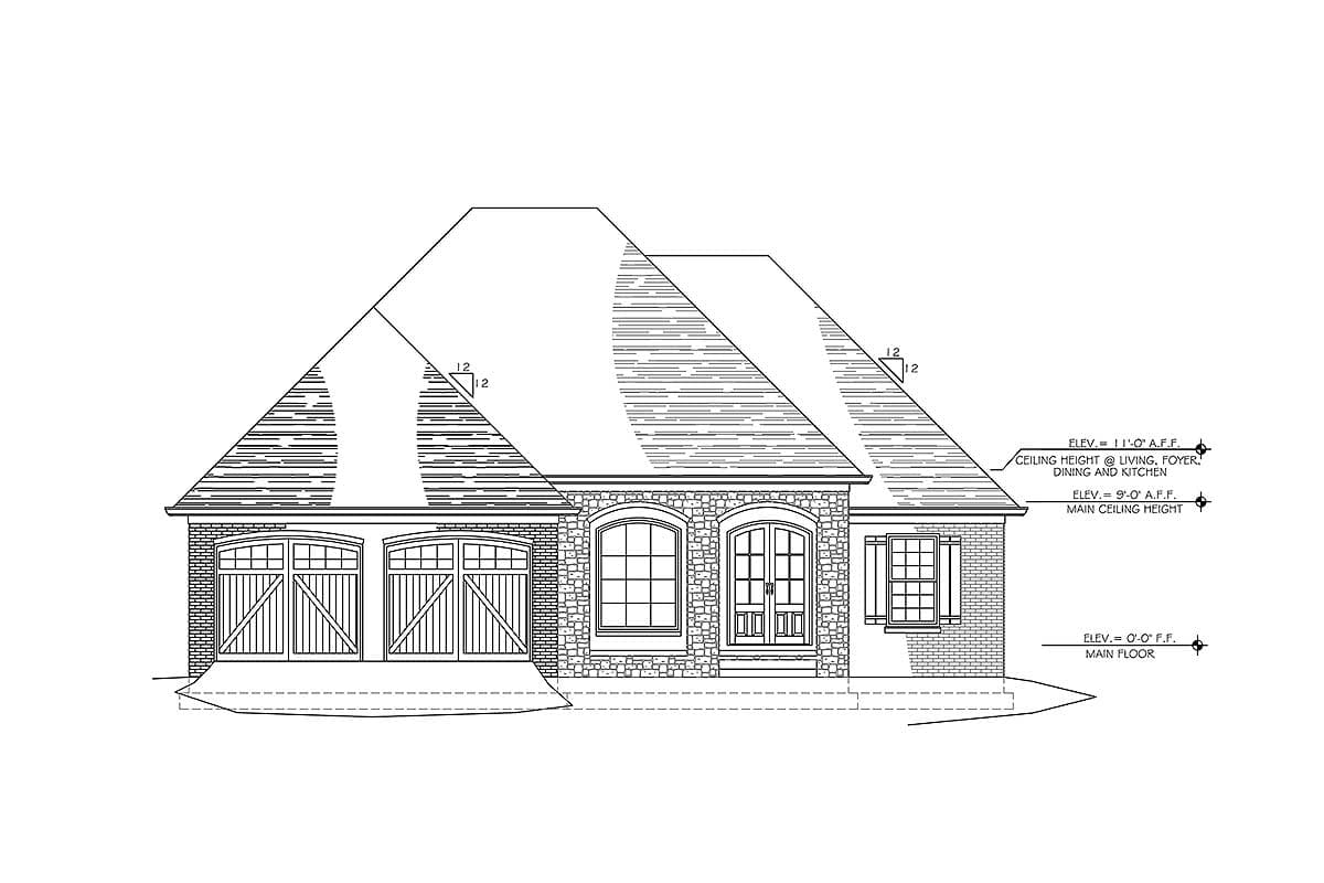 House plan exterior drawing with hip roof, double garage doors, arched windows, stone and brick accents.