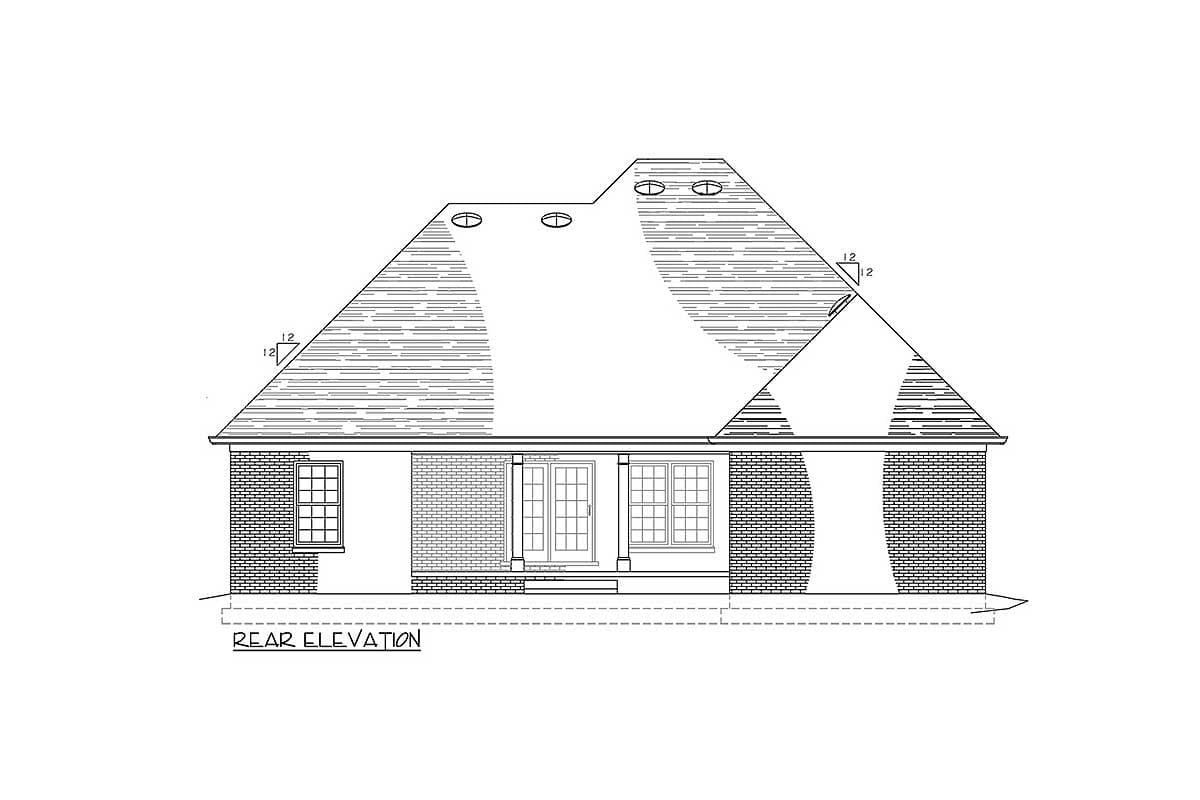 Rear elevation drawing of a house plan featuring a gable roof, brick facade, central double doors, and flanking windows.