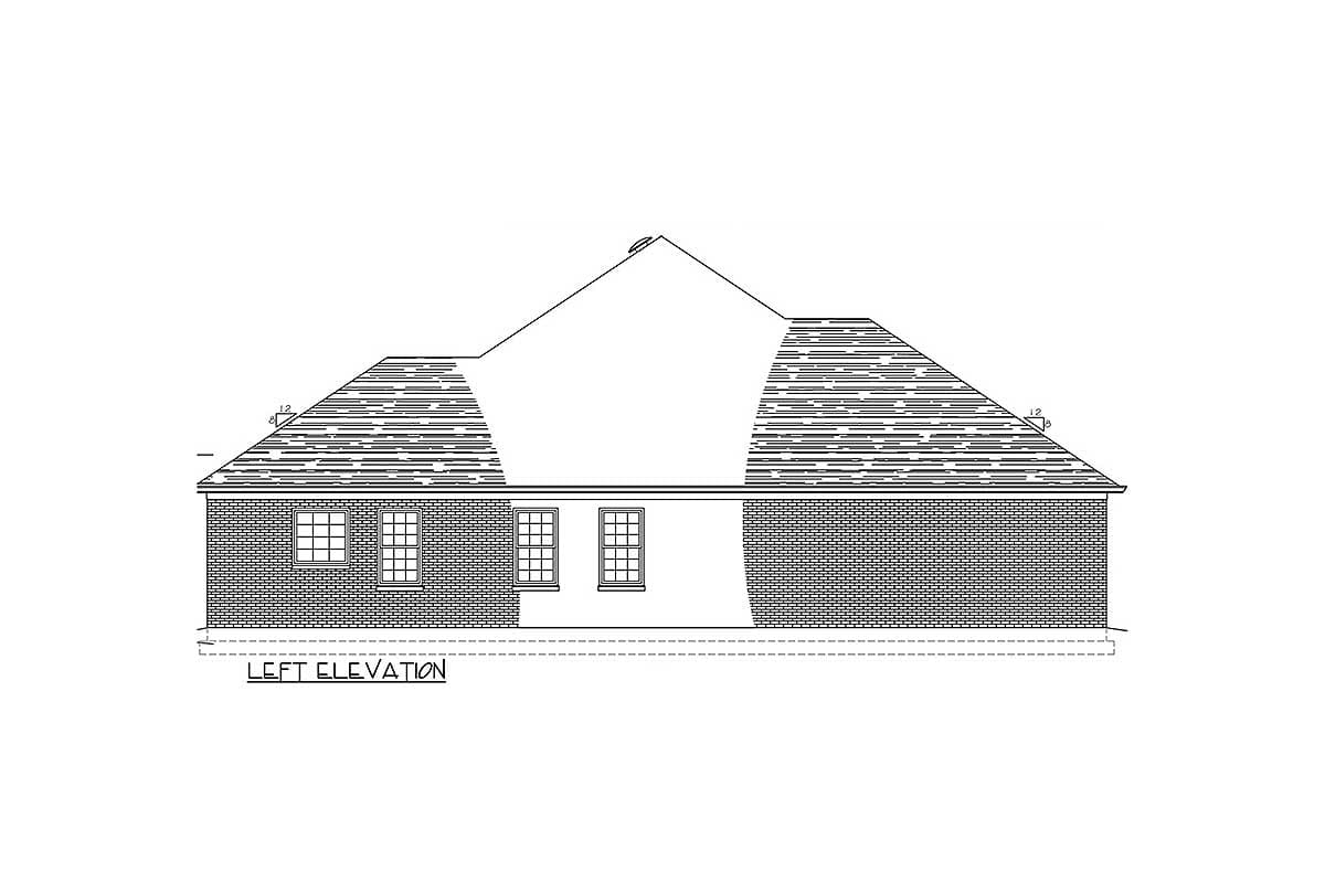 Left elevation drawing of a brick house with a multi-level roof and grid windows.