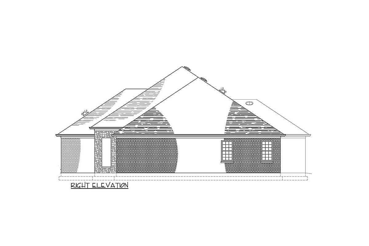 Right elevation of a house plan showing a brick exterior with stone accents, multi-level rooflines, and grid windows.