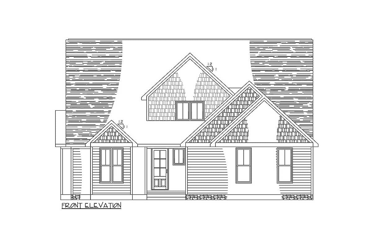 Front elevation drawing of a two-story house with multiple gables, dormers, and shingle accents.