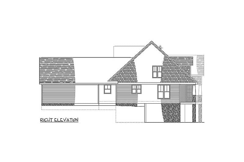 Right elevation drawing of a house plan showing horizontal siding, stone foundation, gables, and multiple windows.
