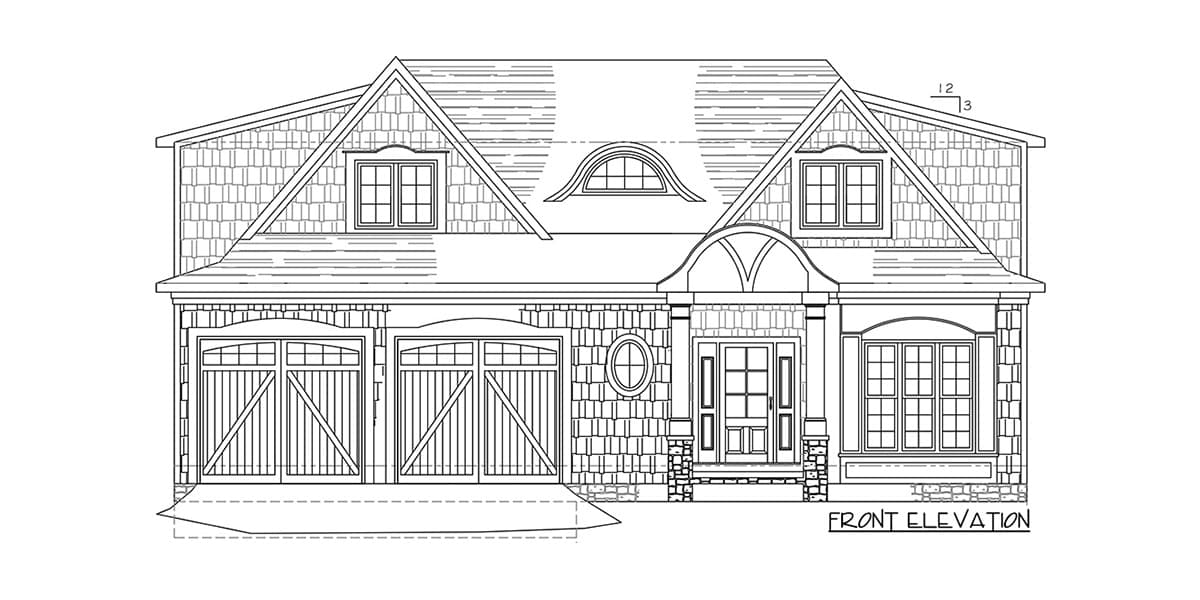 Front elevation house plan with two-car garage, gables, dormer, and arched entry.