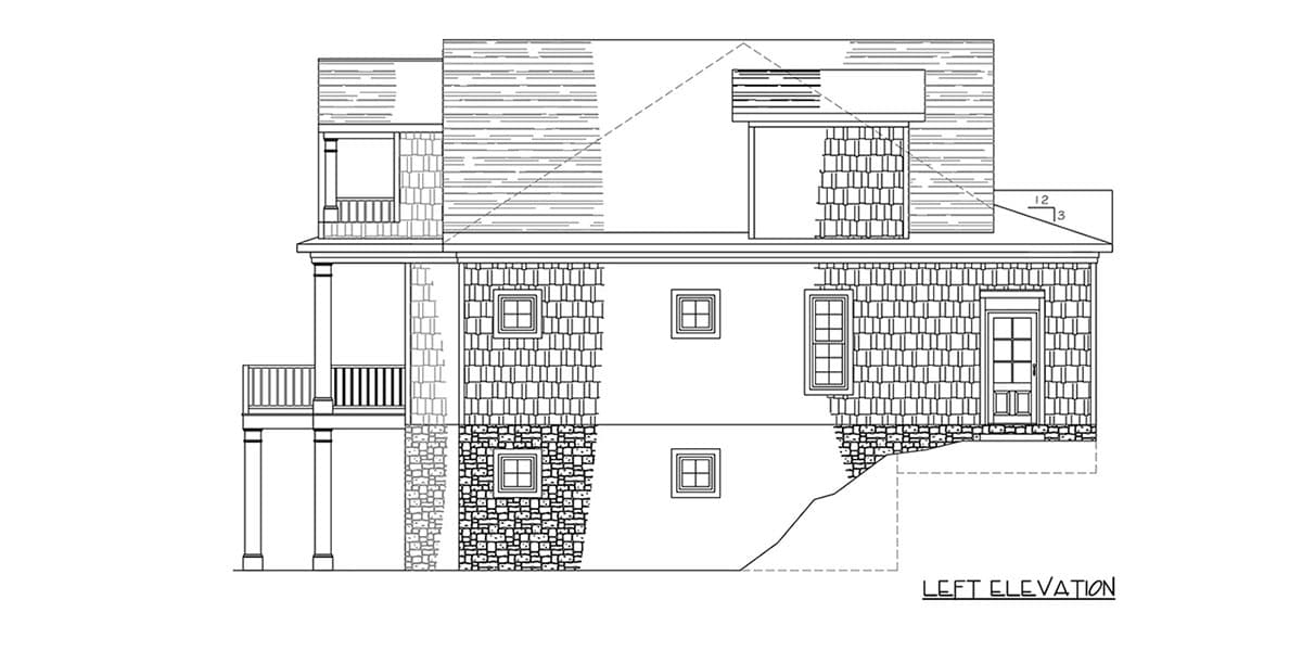 Left elevation house plan showing a multi-story structure with a porch, gables, shingle siding, and stone accents.