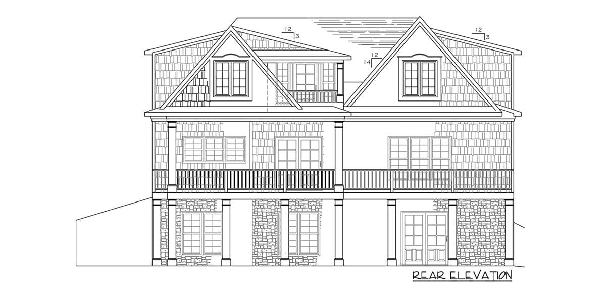 Rear elevation drawing of a multi-story house plan with gables, a covered balcony, and stone-clad lower level.