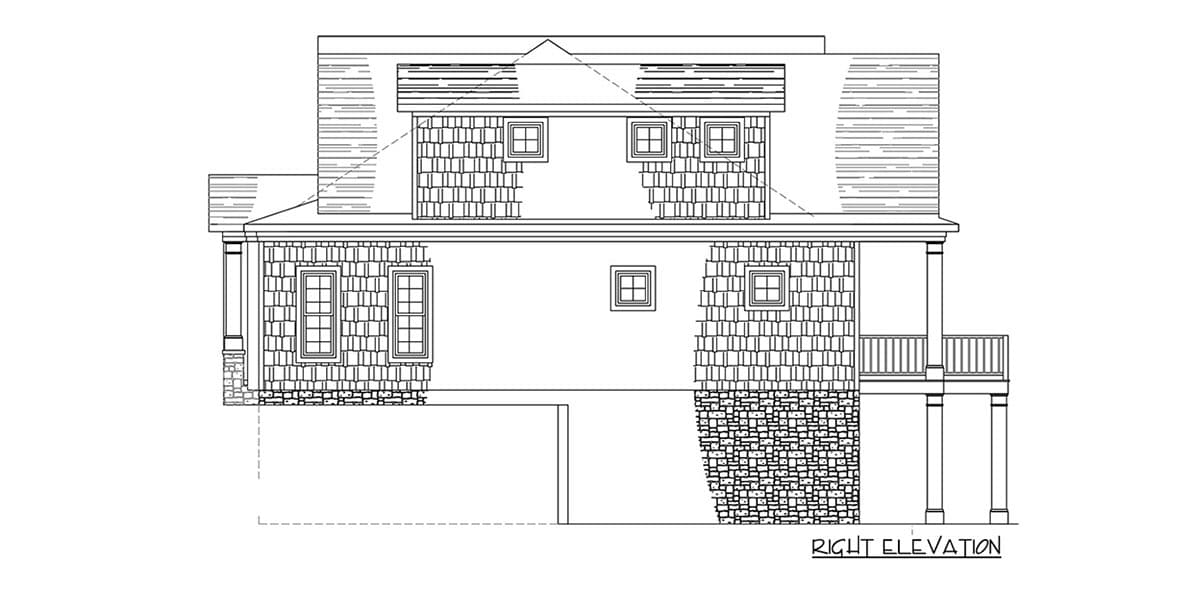 Right elevation house plan showing two stories, stone foundation, shingle siding, dormers, and a porch.
