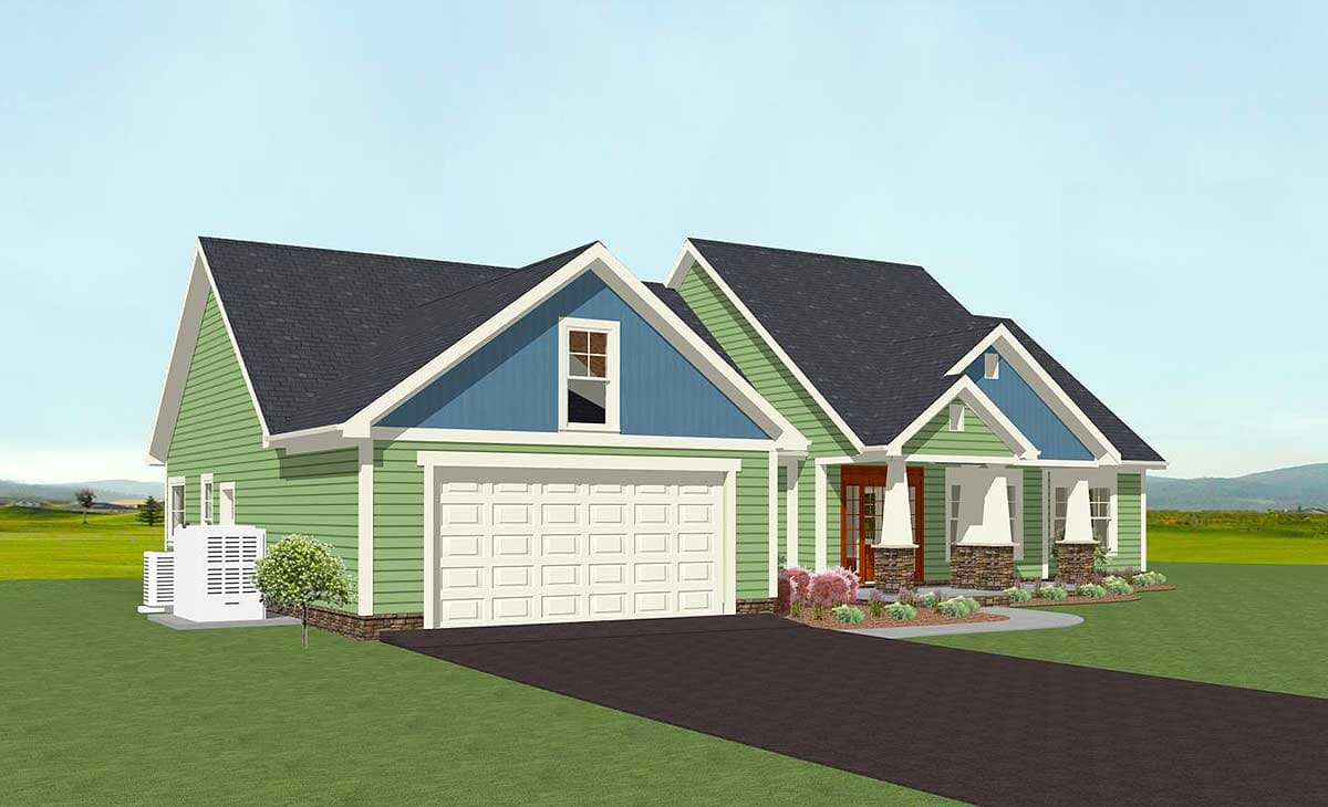 House plan exterior of a one-story Modern Farmhouse with a two-car garage, gables, dormer, and covered front porch supported by stone-clad columns.