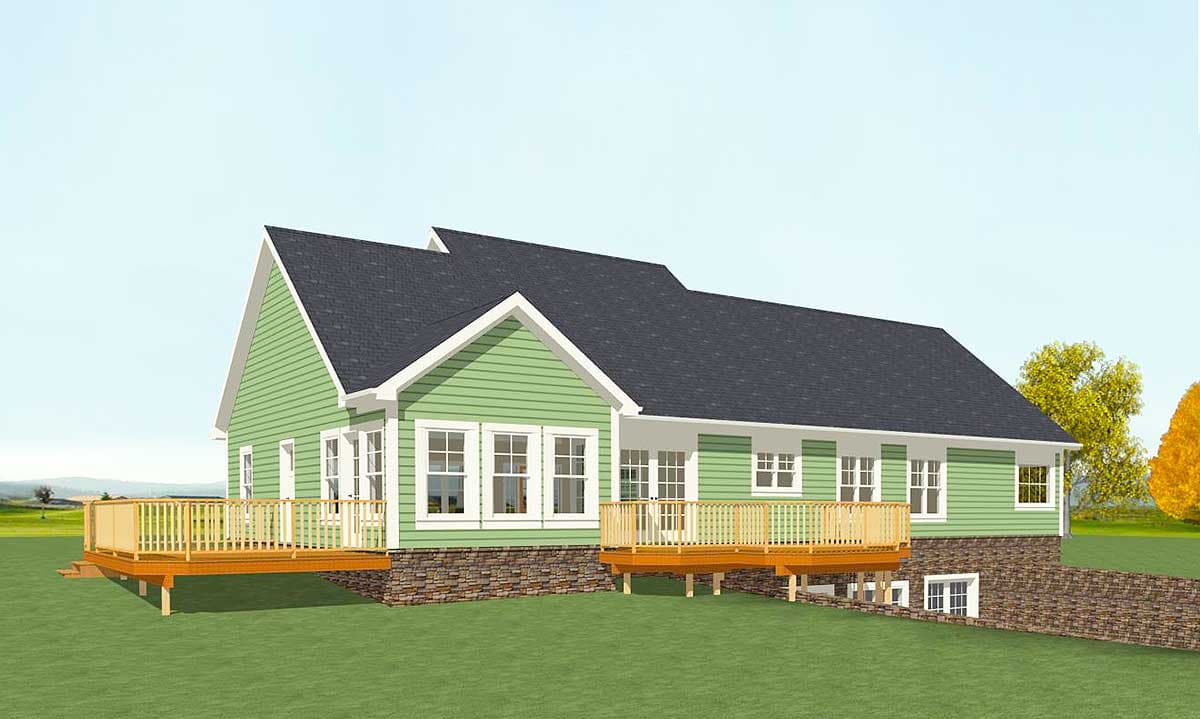 House plan exterior: Single-story house with gabled roof, stone foundation, and multiple wooden decks.