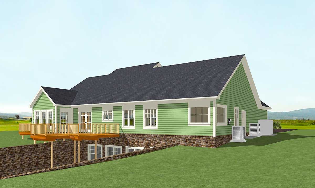 House plan exterior, single-story design with wrap-around deck, stone foundation, and multiple windows.