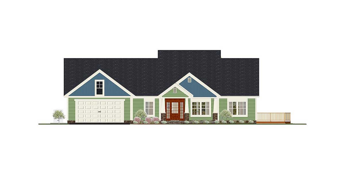 House plan exterior: Ranch style, single-story, with attached garage, gabled dormers, and a side deck.