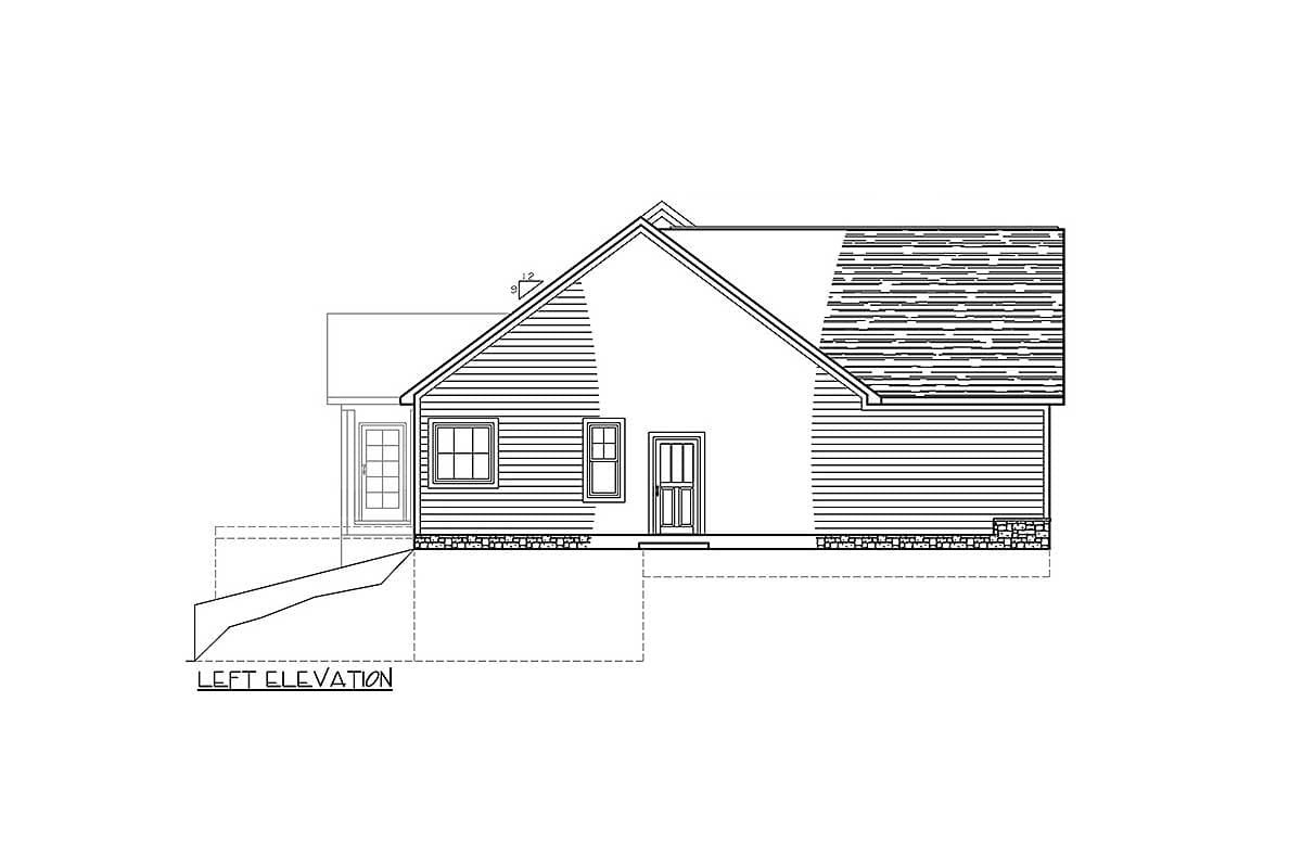 Left elevation drawing of a house plan with a gable roof, horizontal siding, two windows, and a door.