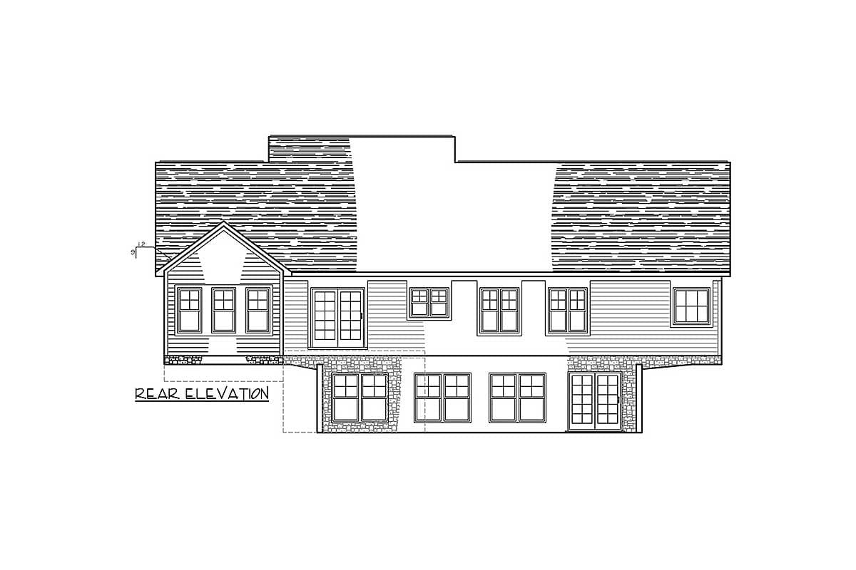 Rear elevation drawing of a house plan, showing multiple windows, dormers, gables, and a stone foundation.