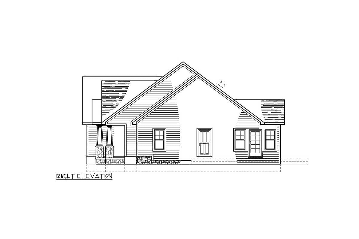 Right elevation house plan showing a one-story structure with a prominent gable roof, covered porch with stone support, and multiple windows.