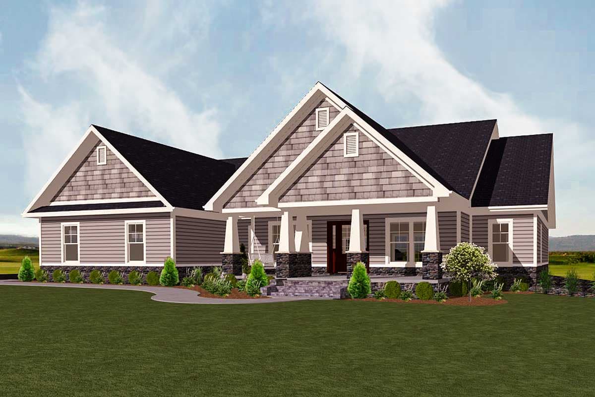 House plan exterior: Single-story Modern Farmhouse with gabled roof, covered front porch with stone pillars, and a porch swing.