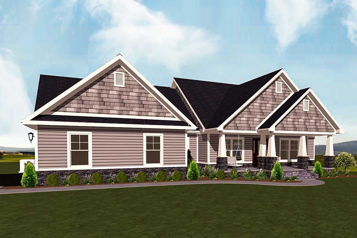 House plan exterior: Single-story Modern Farmhouse with gabled dormers, shingle siding, and a covered front porch with stone accents.