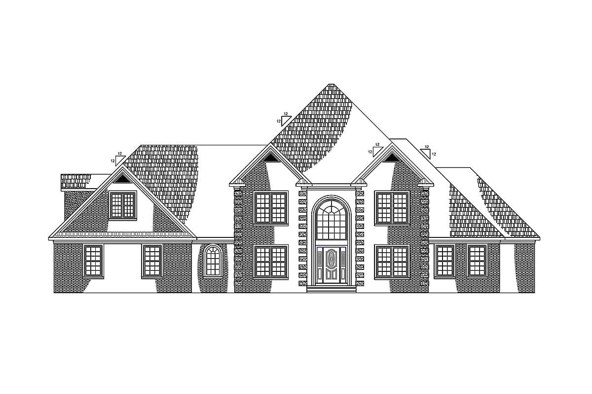 House plan exterior: Two-story home with multi-gabled roof, central arched window above entrance, and symmetrical window placement.