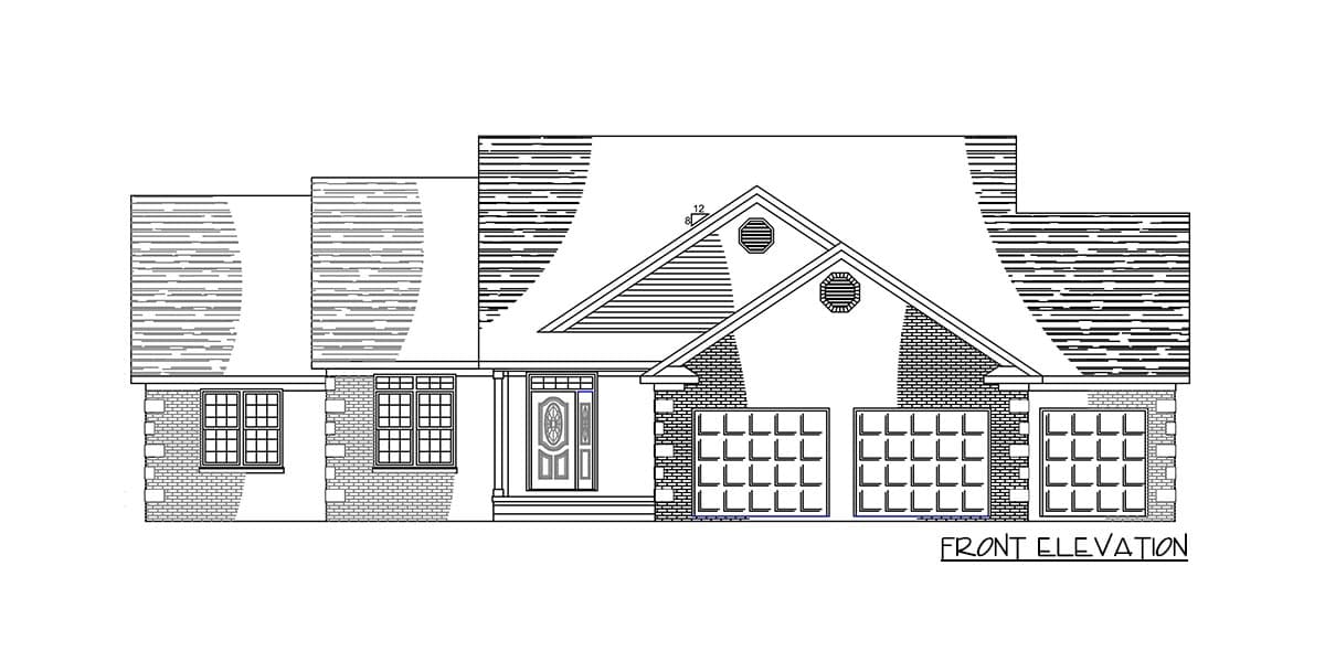 Front elevation drawing of a house plan with a symmetrical front facade, a covered entryway, and a three-car garage.