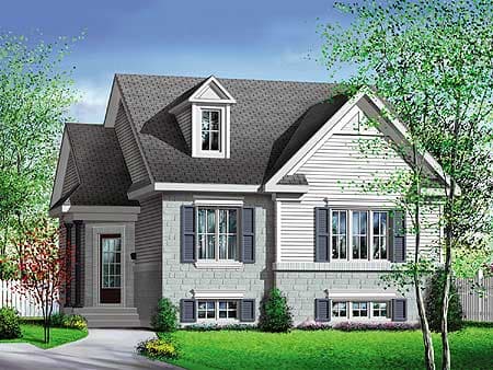 House plan exterior of two-story home with gables, dormer, stone and vinyl siding, and covered front entrance.