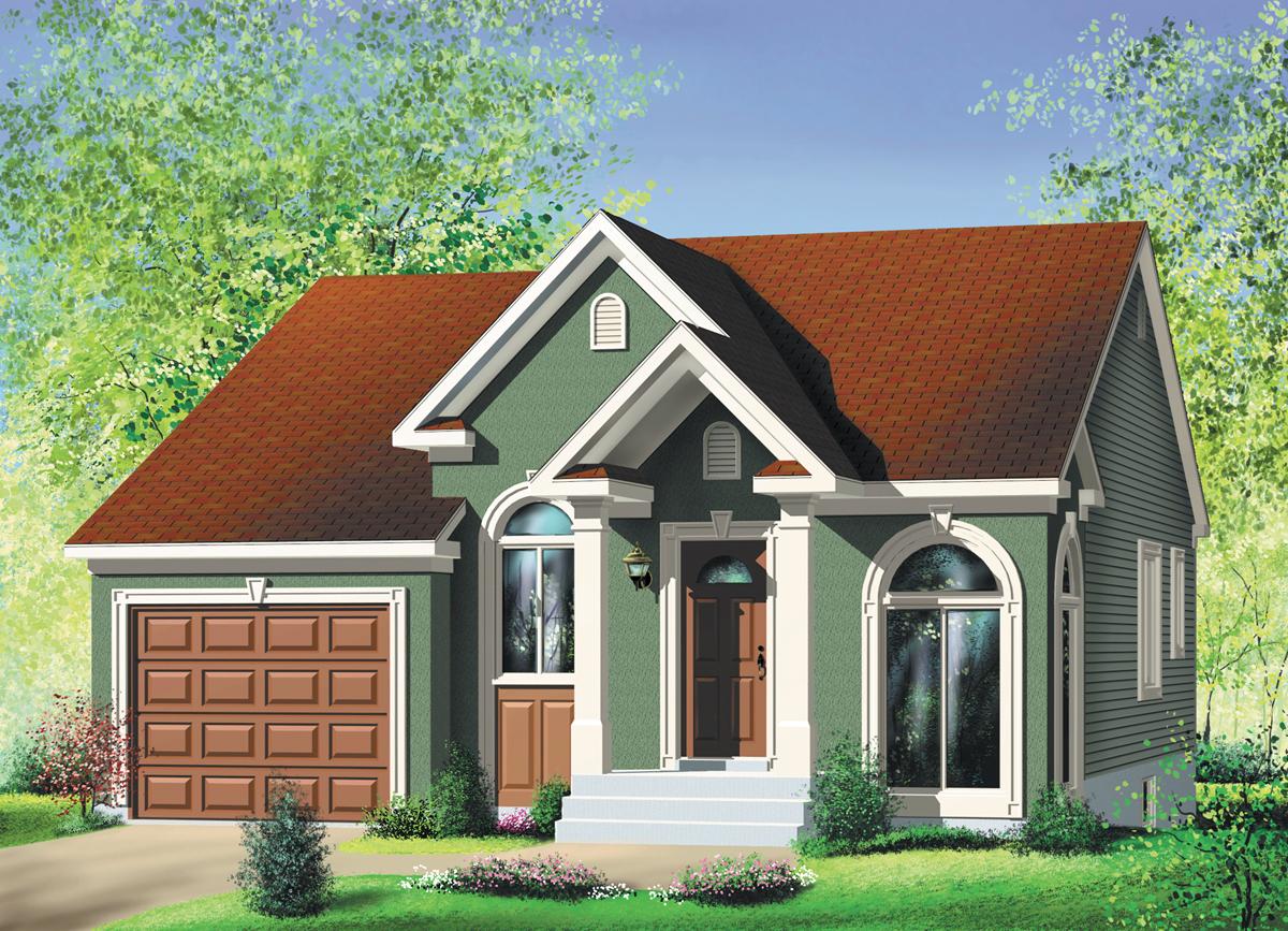 House plan exterior: A two-story home with a prominent gabled entrance, arched windows, and a side-facing garage.