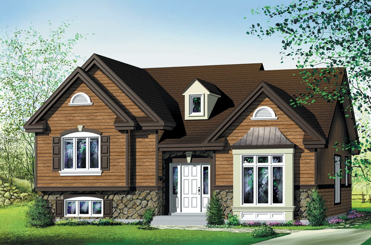 House plan exterior with wood siding, stone foundation, gables, dormer, and bay window.