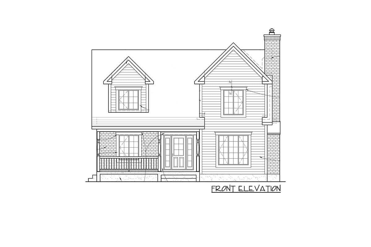 Front elevation drawing of a two-story house with a covered porch, gables, and a brick chimney.