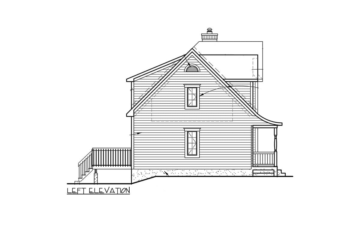 Left elevation house plan showing a two-story home with a gabled roof, dormer window, chimney, and covered front porch.