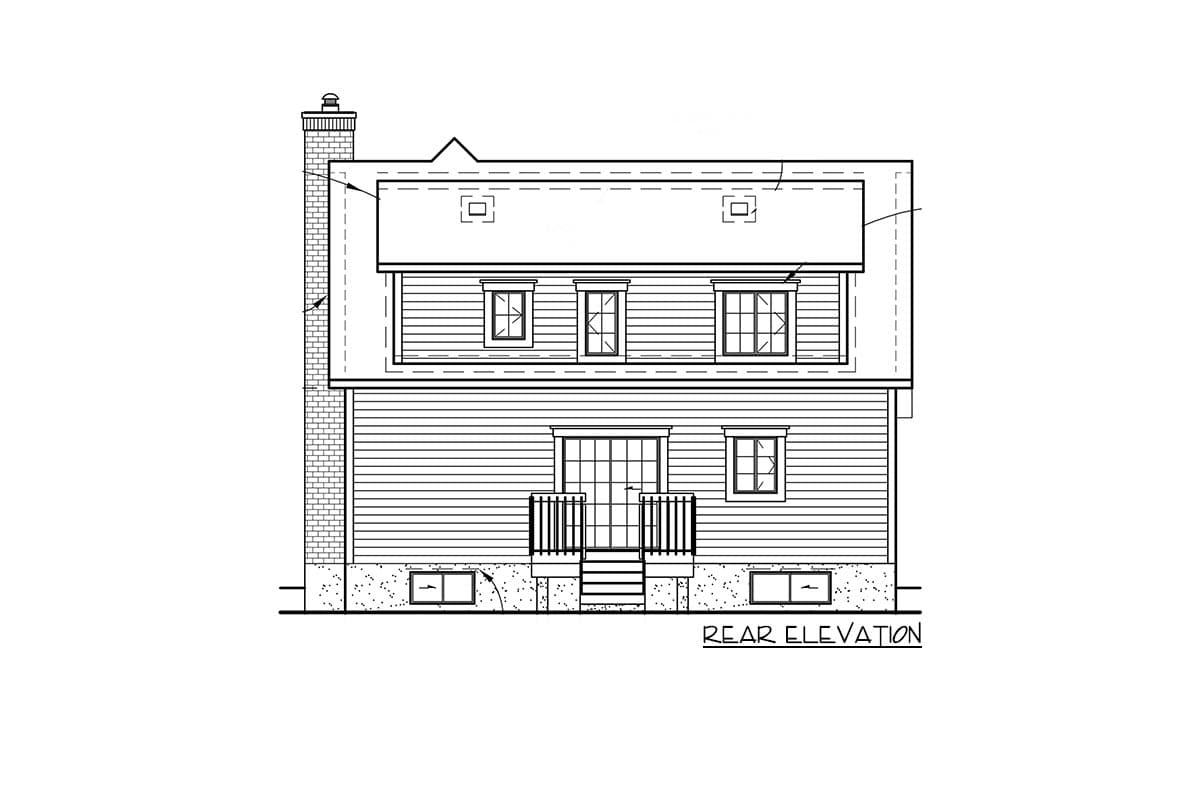 Rear elevation drawing of a two-story house plan with a prominent brick chimney, sliding glass doors, and a peaked dormer.