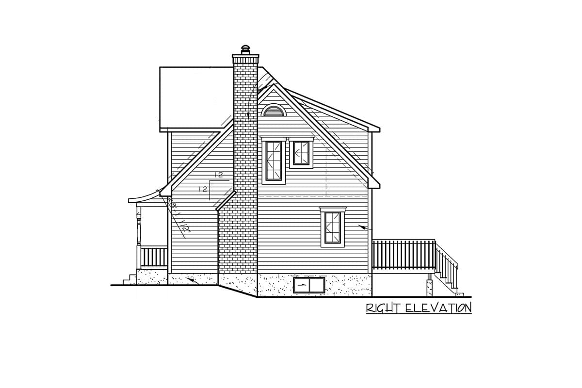 Right elevation of a two-story house plan featuring a prominent brick chimney, front porch, and rear deck.