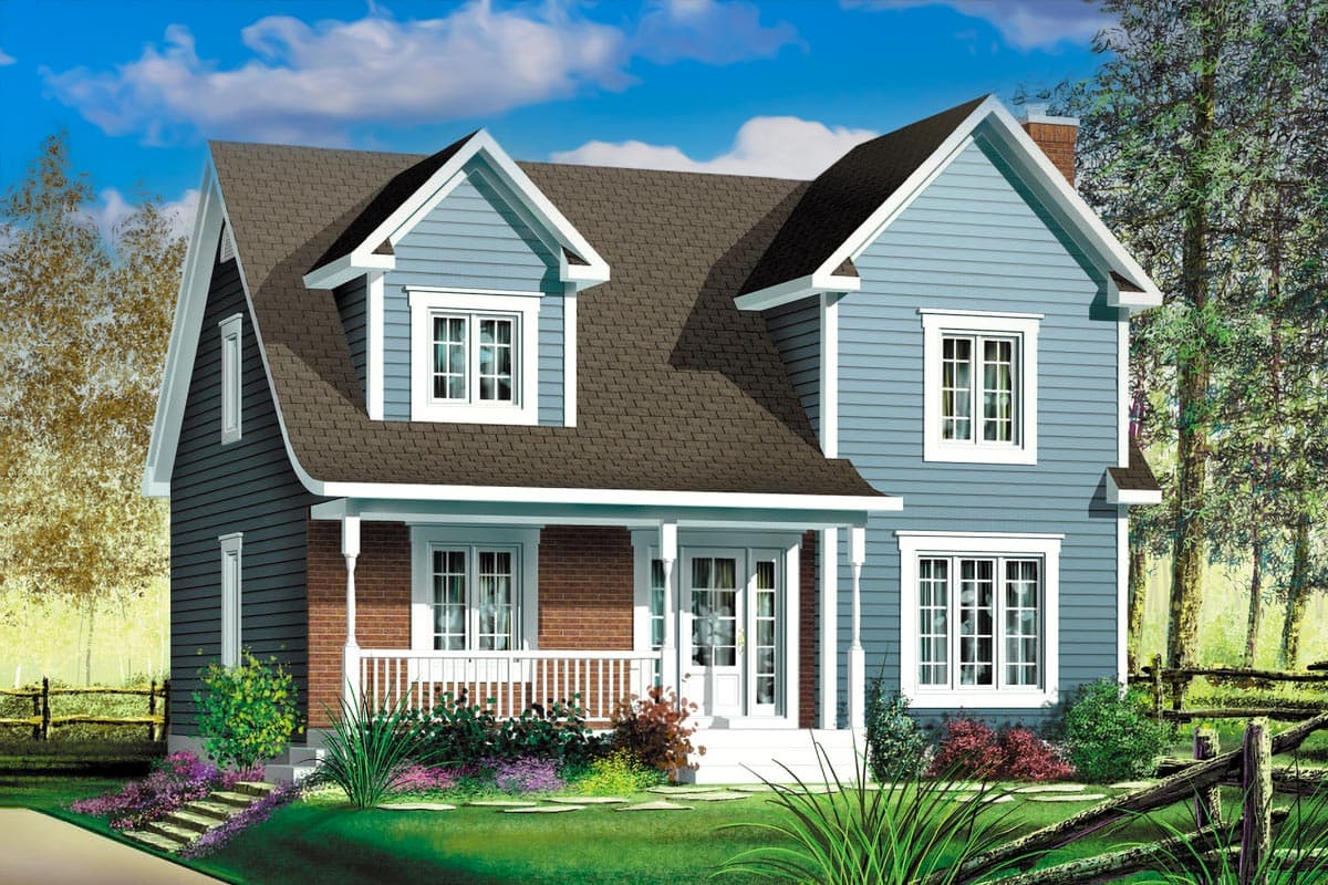 House plan exterior: Two-story home with gabled dormers, a covered porch with white railing, and a mix of vinyl siding and brick.