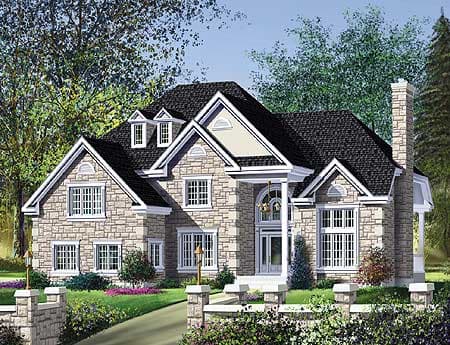 House plan exterior: Two-story stone-clad home with dormers, gables, arched entryway, and prominent brick chimney.