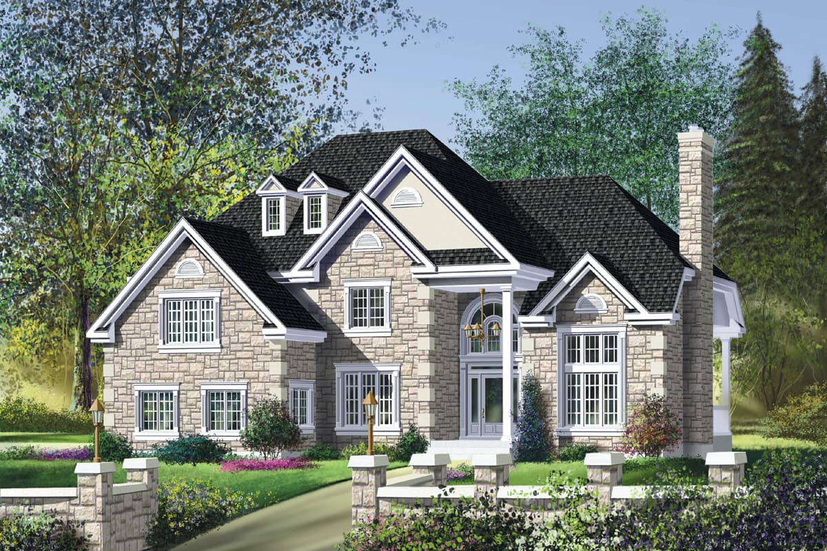House plan exterior of two-story home with stone facade, prominent gables, dormers, and covered entry.