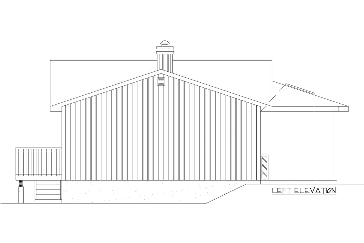 Left elevation drawing of a house plan showing a gabled roof, chimney, vertical siding, and a deck.