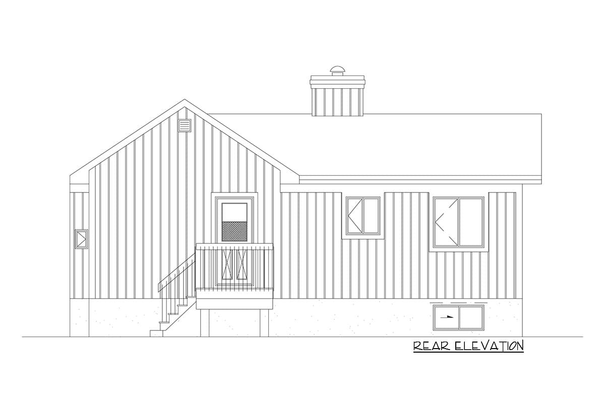 Rear elevation drawing of a house with a gable roof, a small porch with stairs, and multiple windows.