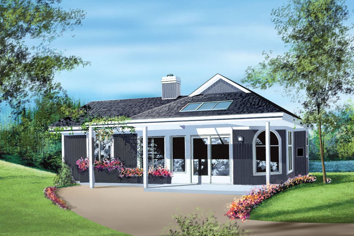 House plan exterior: One-story home with covered porch, dormer window, arched windows, and chimney.