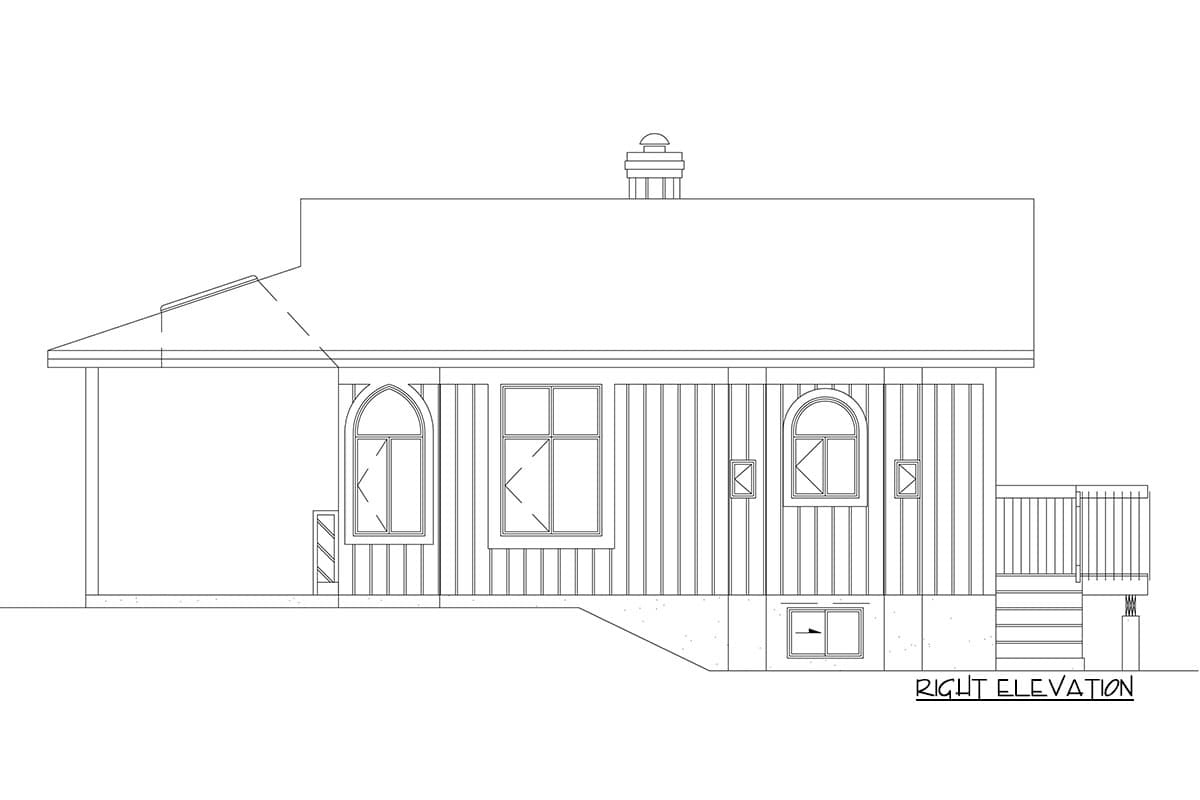 Right elevation of a house plan featuring a covered porch, arched and rectangular windows, vertical siding, and a deck.