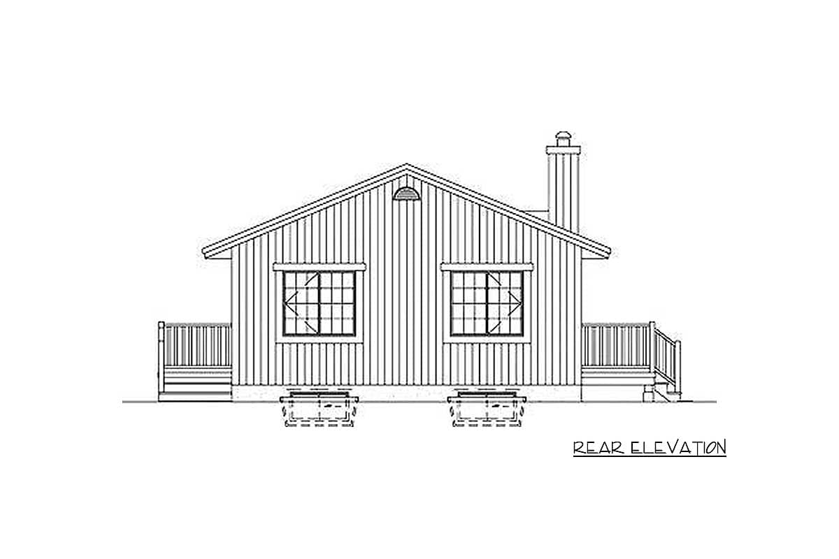 Rear elevation drawing of a one-story house plan with vertical siding, two windows, a chimney, and deck.