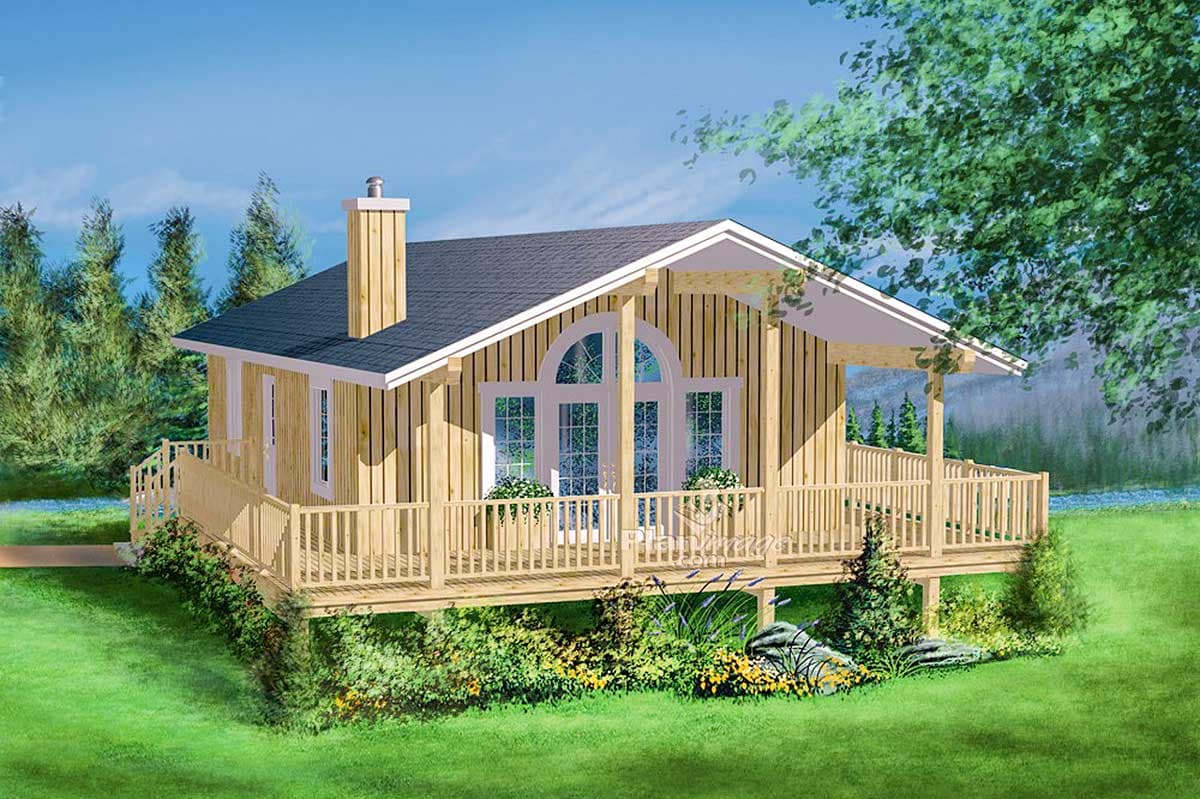 House plan exterior: one-story cabin with wooden siding, wraparound deck, large arched window, and covered porch.