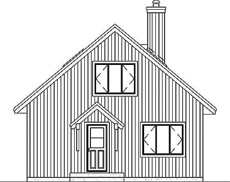 House plan front elevation drawing showing a gable roof, entry porch with gable, two windows, and a chimney.