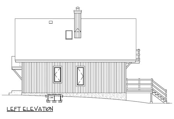 House plan left elevation showing vertical siding, two windows, a deck with stairs, and a chimney.