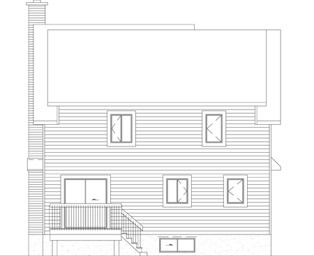 Two-story house plan exterior, featuring horizontal siding, a deck with stairs, multiple windows, and a prominent chimney.