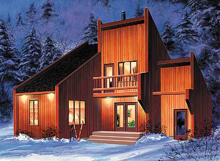 House plan exterior: A two-story wood-sided home with a distinctive angled roofline, a central balcony, and multiple windows.