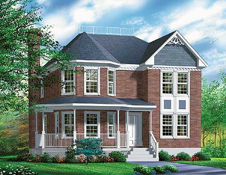 House plan exterior: Two-story brick home with wrap-around porch, bay windows, gables, and dormers.