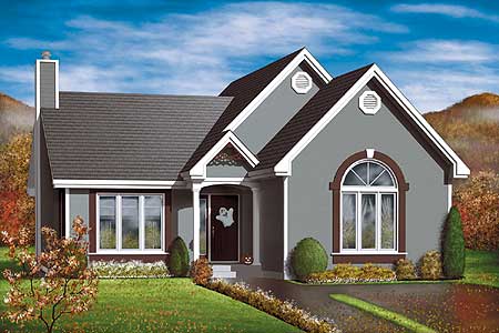 House plan exterior showing a one-story dwelling with a covered entry, gabled dormers, arched window, and chimney.