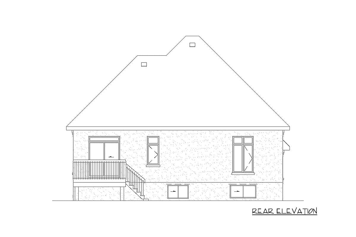Rear elevation drawing of a house plan showing a prominent gable roof, deck with stairs, and multiple windows.