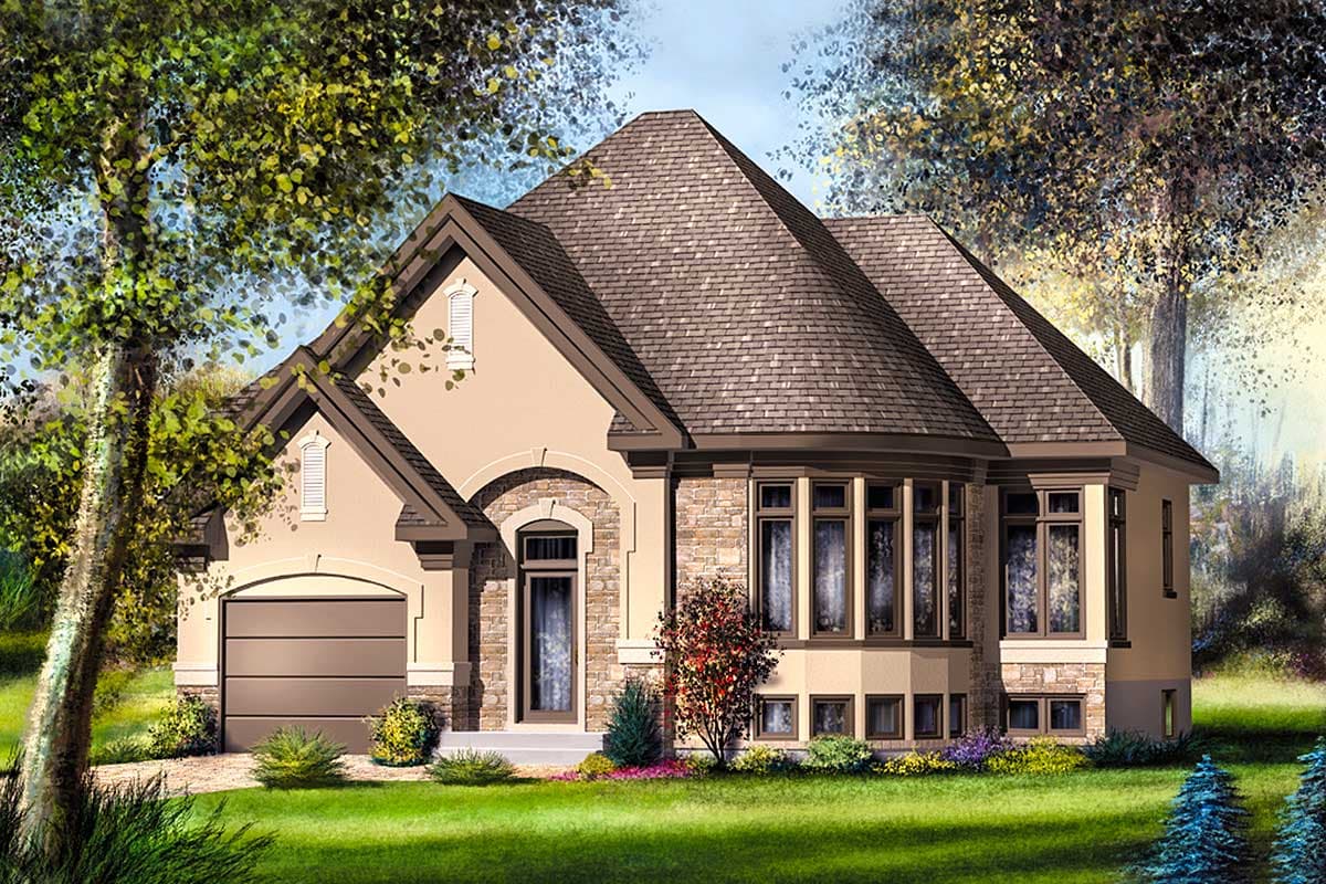 House plan exterior with stone accents, bay windows, arched entry, and attached garage.