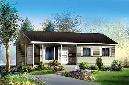 One-story house plan exterior with a covered front porch, gabled roof, and horizontal siding.