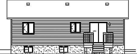 Front elevation drawing of a one-story house with double entry doors, two windows, and a gabled roof.