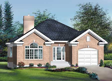 House plan exterior: One-story brick home with arched front entry, large bay window, and side-facing garage.